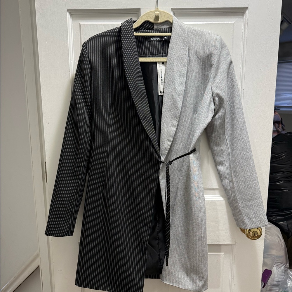 Boohoo Black and Gray Pinstripe Blazer Dress